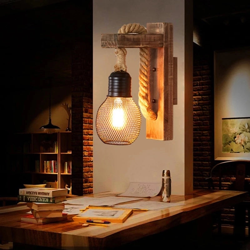 Applique lampada da parete in legno e corda di canapa E27 stile classico country