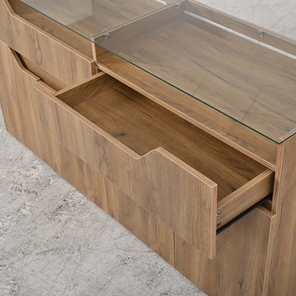 Credenza con 2 cassetti; piano in vetro temperato e LED per soggiorno e sala da pranzo; 140×40×70 cm