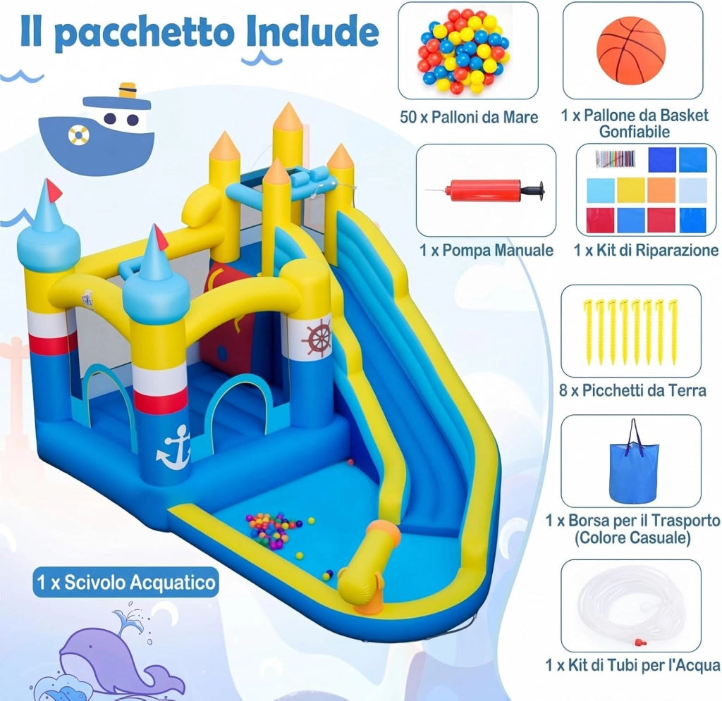 Castello Gonfiabile per Bambini, Casa Gonfiabile con Piscina Splash, Cannone d'Acqua, Area di Rimbalzo, Scivolo Lungo, Parete d'Arrampicata, per Bambini 3-12 Anni (Senza Soffiatore)