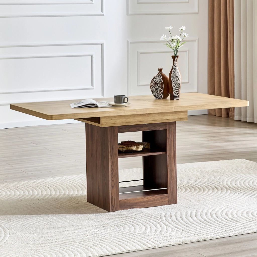 Tavolo allungabile 130x80x160x80 cm con 2 ripiani integrati; MDF naturale e noce