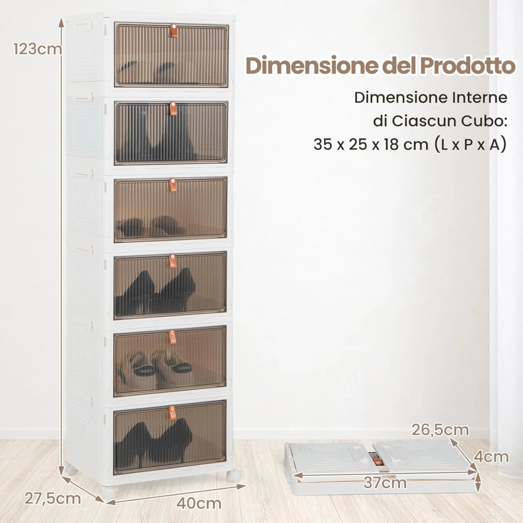 Scarpiera Pieghevole a 3/4/6 Piani, Mobile Multiuso Impilabile con Porte Trasparenti Magnetiche e Ruote Piroettanti Bloccabili, Contenitore con Coperchio per Cibi Giocattoli Abiti (6 Piani)