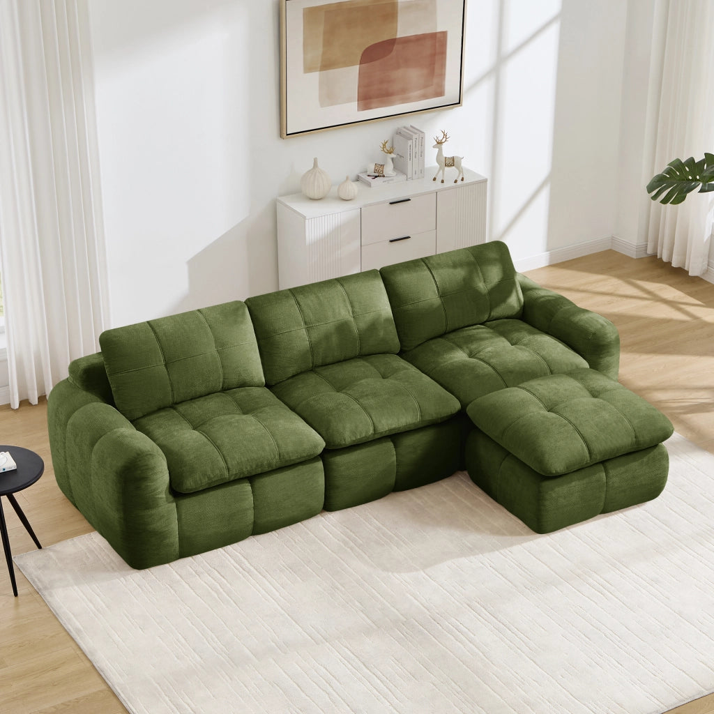Divano angolare modulare a L 3 posti in ciniglia con cuscini ergonomici senza montaggio verde 264 × 160 × 68 cm