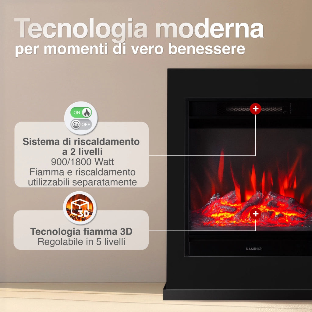 KAMINIO Camino elettrico KALLE - Caminetto elettrico a pavimento con riscaldamento, effetto fiamma 3D, telecomando - Nero