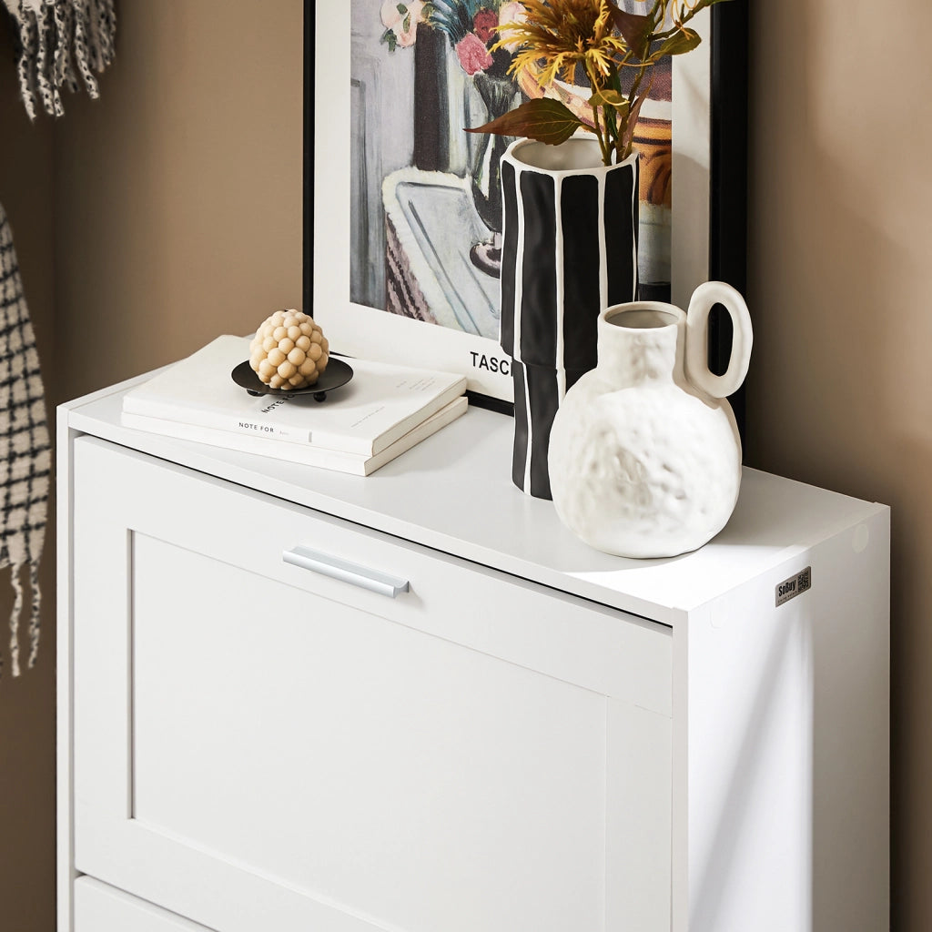 SoBuy Scarpiera Salvaspazio Slim Scarpiera Ingresso a 2 Ribalte - Design Compatto Moderno + Capacità 12 Paia + Adatta a Corridoi Stretti - Bianco 60x25x80cm FSR137-W