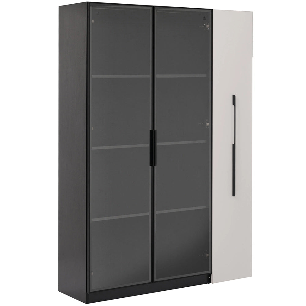 Armadio multifunzionale - Xylo - 110,5x35x160cm - Bianco e nero - Vetrina con porta in vetro e LED, cassetto scorrevole, ruote