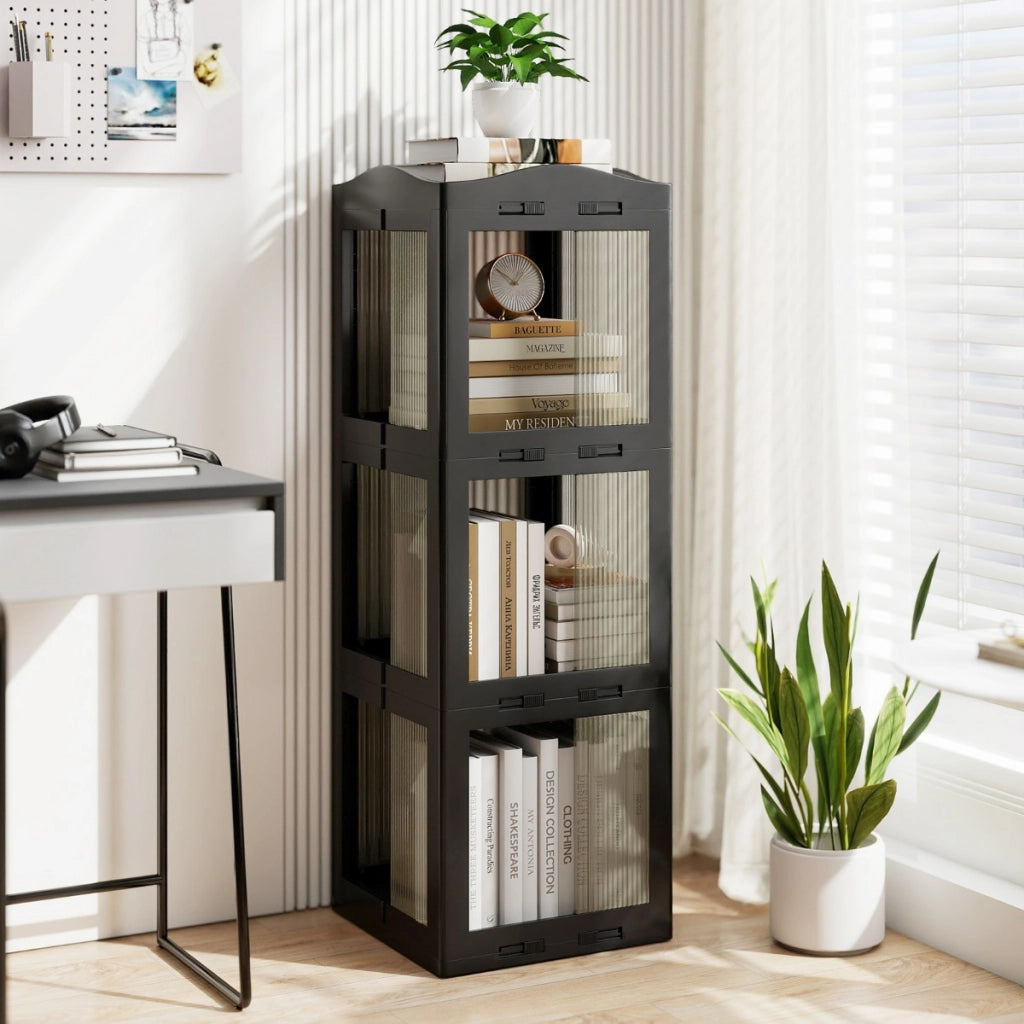 Libreria girevole pieghevole a 3 livelli per soggiorno e studio, Scaffale girevole a 360¡ã con base rotante per esposizione Nero-Librerie