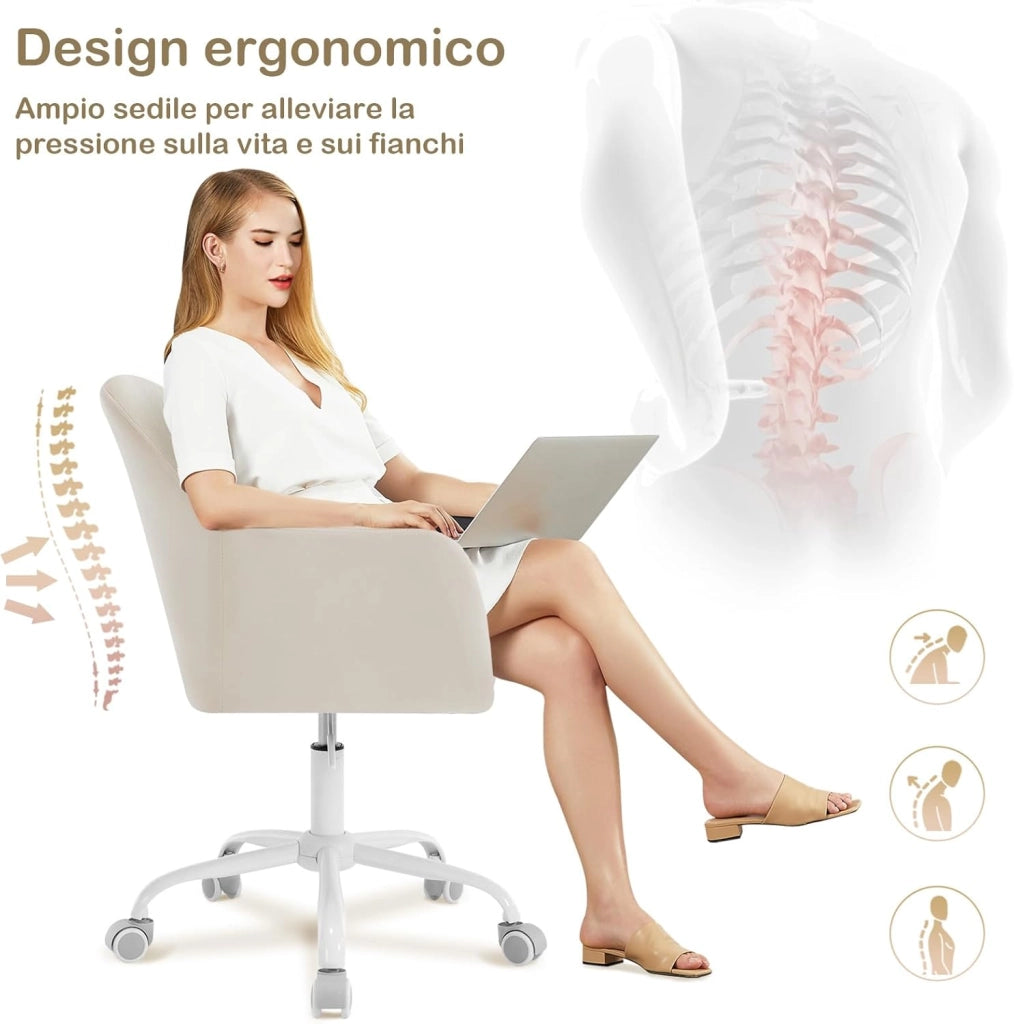 Poltrona Ergonomica da Ufficio, Sedia da Toeletta Girevole, in Velluto Imbottita, Regolabile in Altezza per Ufficio e Camera da Letto, Crema