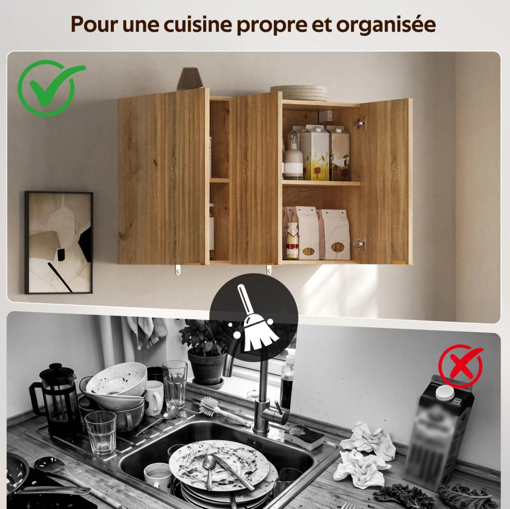 Pensile da parete a 3 ante 90 x 29 x 60 cm in MDF naturale; con maniglie dorate