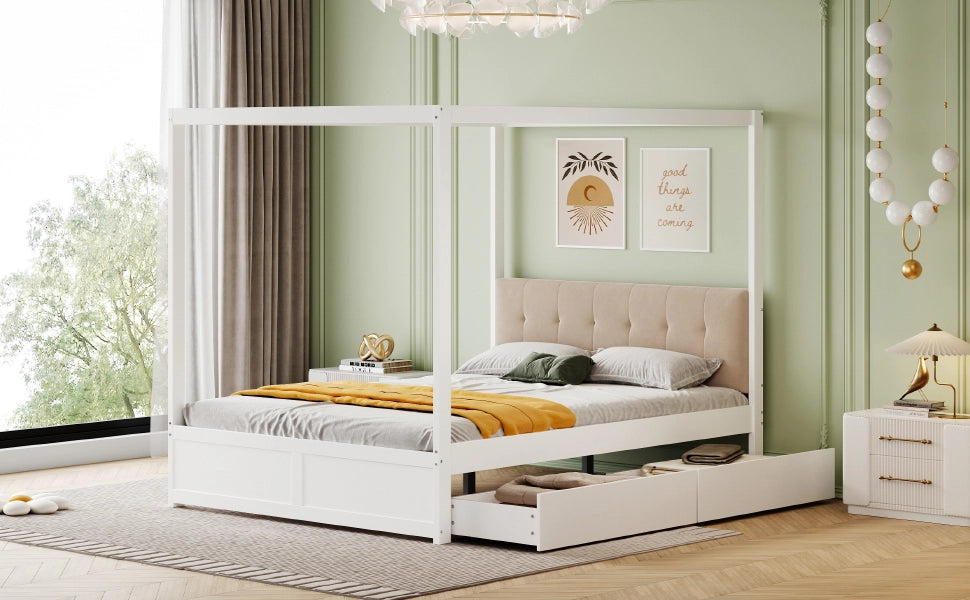 DESMIU Letto a capanna letto matrimoniale con 2 cassetti e testiera imbottita 140 × 200 cm senza materasso