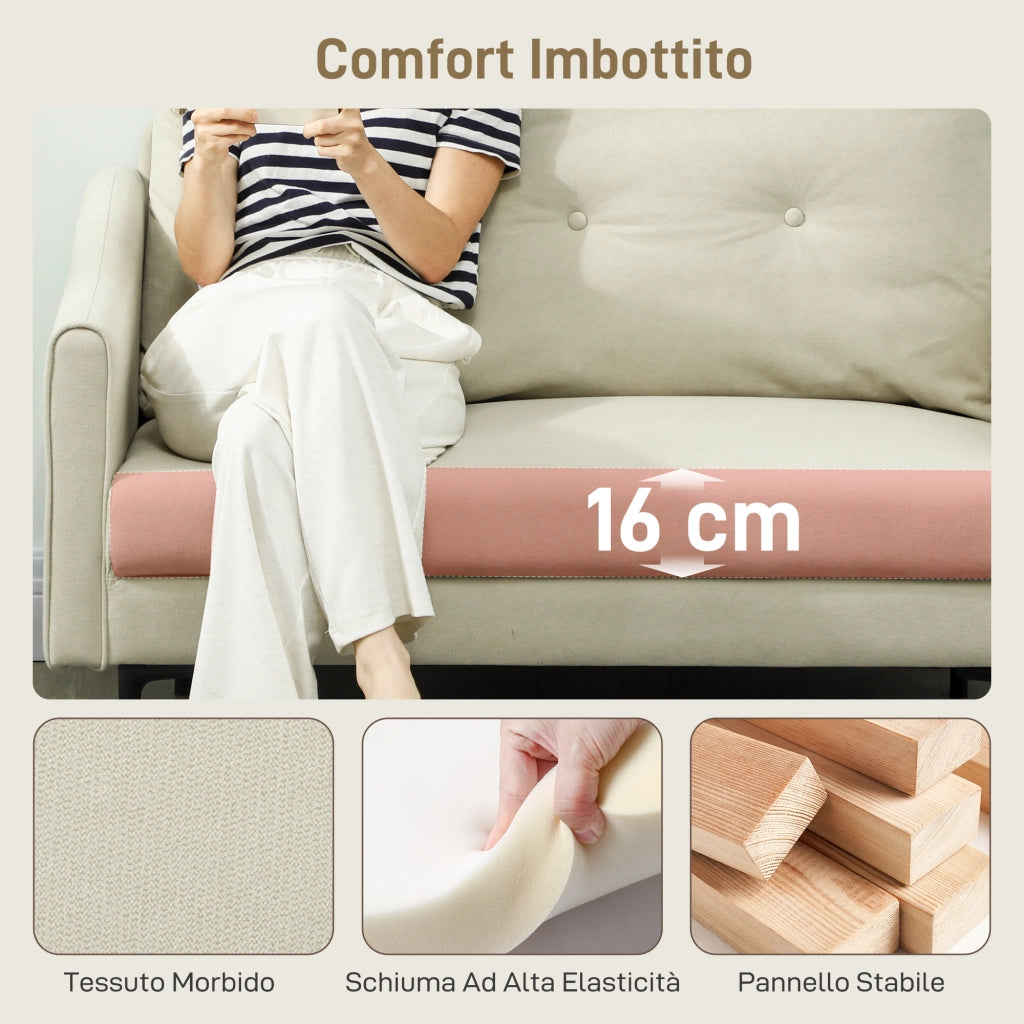 Divano 2 Posti Design Moderno 124x73x92 cm Schienale Trapuntato a Bottoni e Rivestimento in Velluto Crema