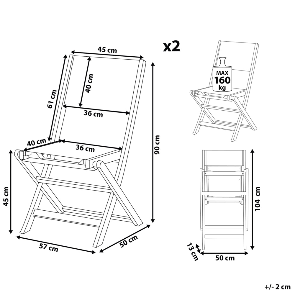 Set di 2 sedie da giardino in marrone chiaro di acacia pieghevoli
