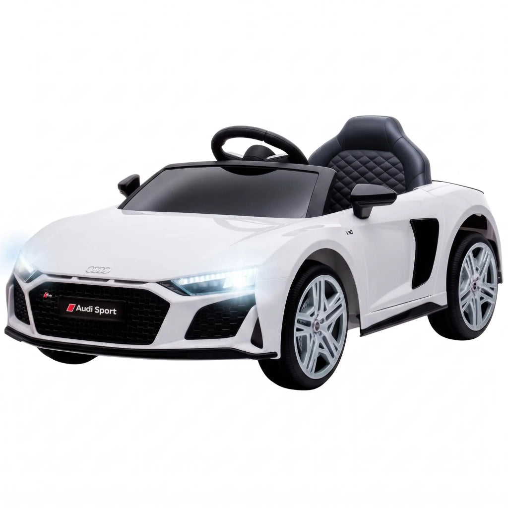 Auto elettrica per bambini 12V bianca, 2 motori, avviamento dolce, sospensioni posteriori, batteria al litio e telecomando inclusi