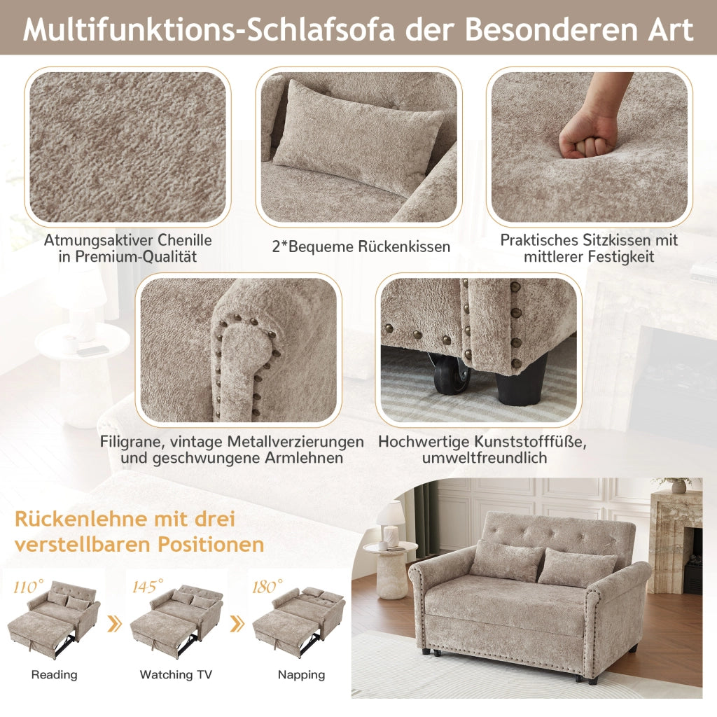 DIVANO LETTO 2 posti 3 in 1 in chenille marrone grigio