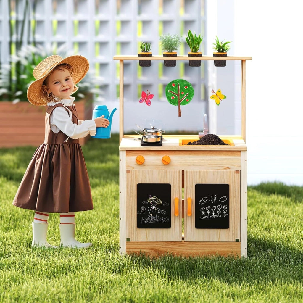 Cucina Giocattolo per Giardino con Lavagna Acrilica per Dipingere, Cucina in Legno di Abete per Bambini con 4 Vasi da Giardinaggio, Set Cucina con Accessori, 68 x 34 x 93 cm
