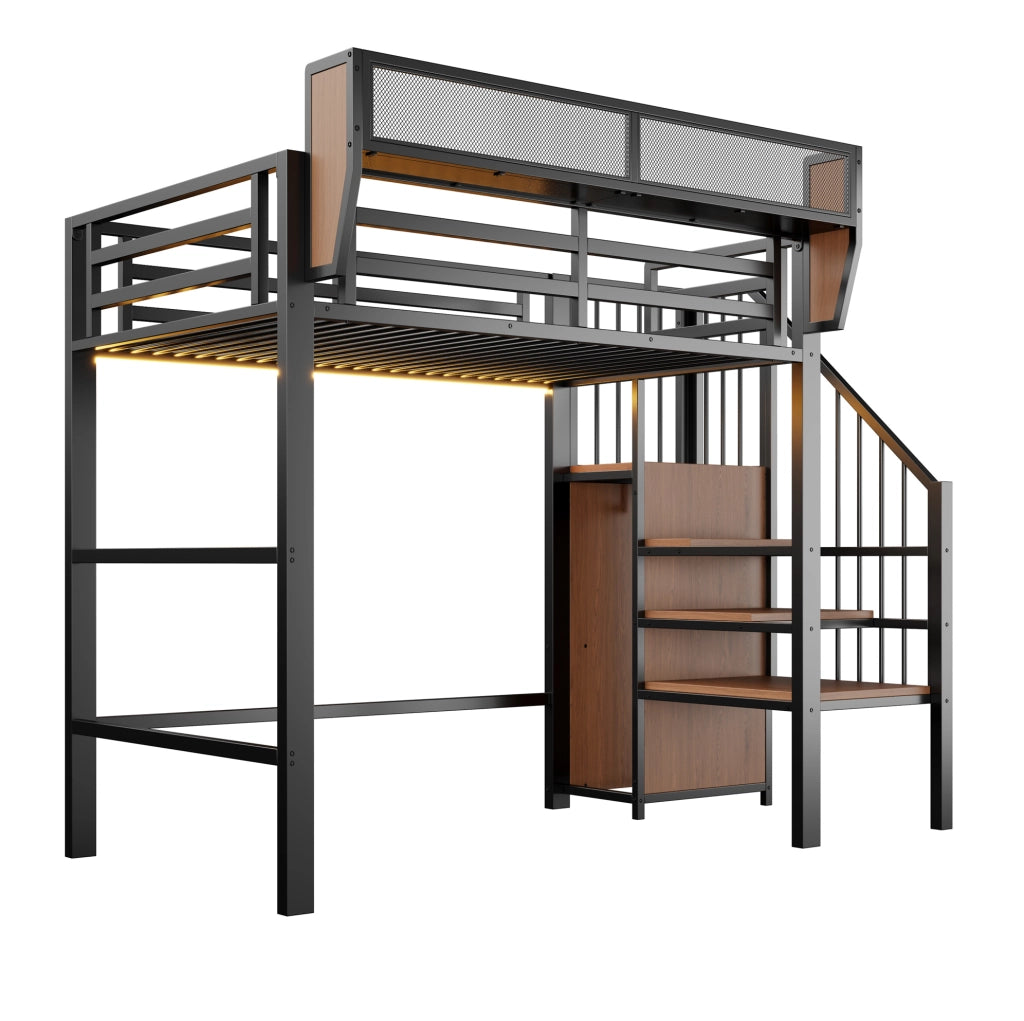 Letto a soppalco ULEVR 90x200 cm con LED multicolore, scala di sicurezza e ripiano regolabile, nero