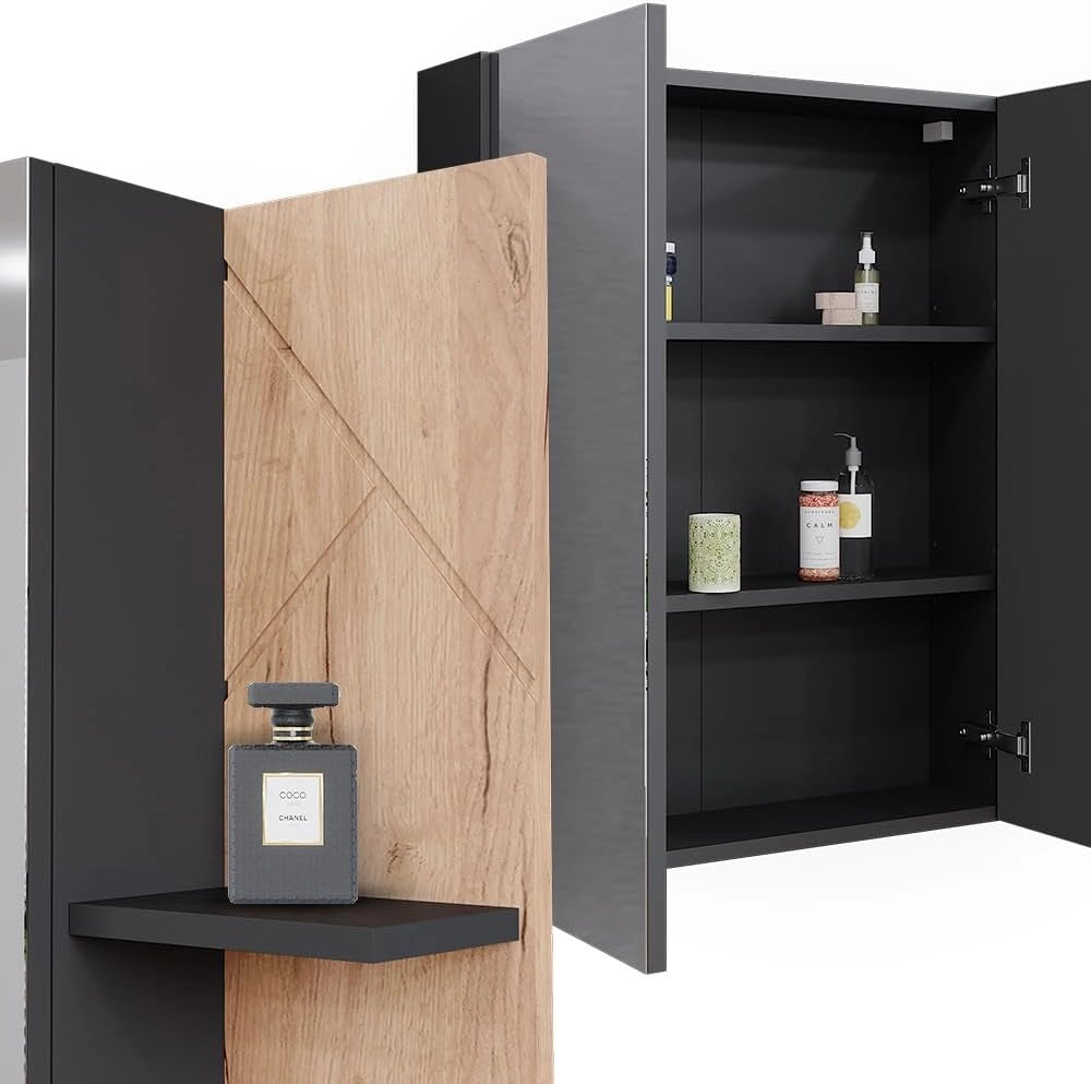 Mobile a specchio per bagno Irma, Antracite/quercia dorata, 80 x 75 cm, per montaggio a parete con ripiani aperti e specchio