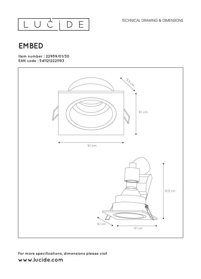 Faretto da incasso Lucide EMBED GU10 42W nero quadrato
