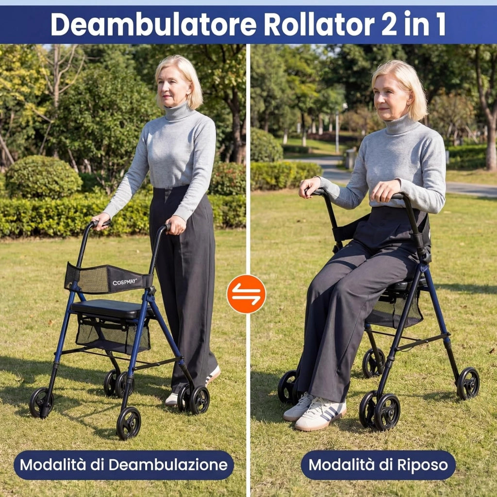 Deambulatore Pieghevole per Anziani, Girello a 4 Ruote con Sedile, Maniglie Regolabili a 8 Livelli, Schienale e Borsa a Rete, Deambulatore Rollator Ultraleggero per Disabil, Portata 136 kg