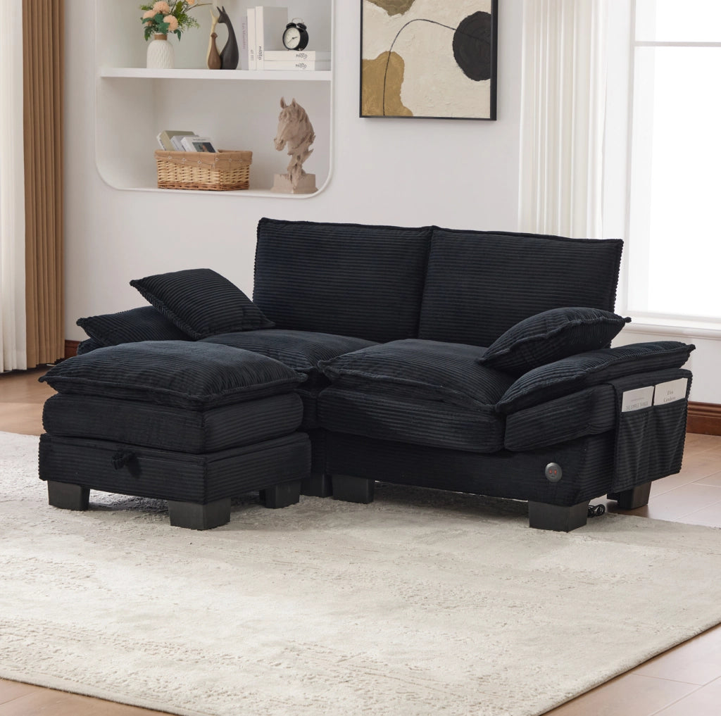 Divano 2 posti 190x132 cm nero in velluto a coste; con pouf contenitore