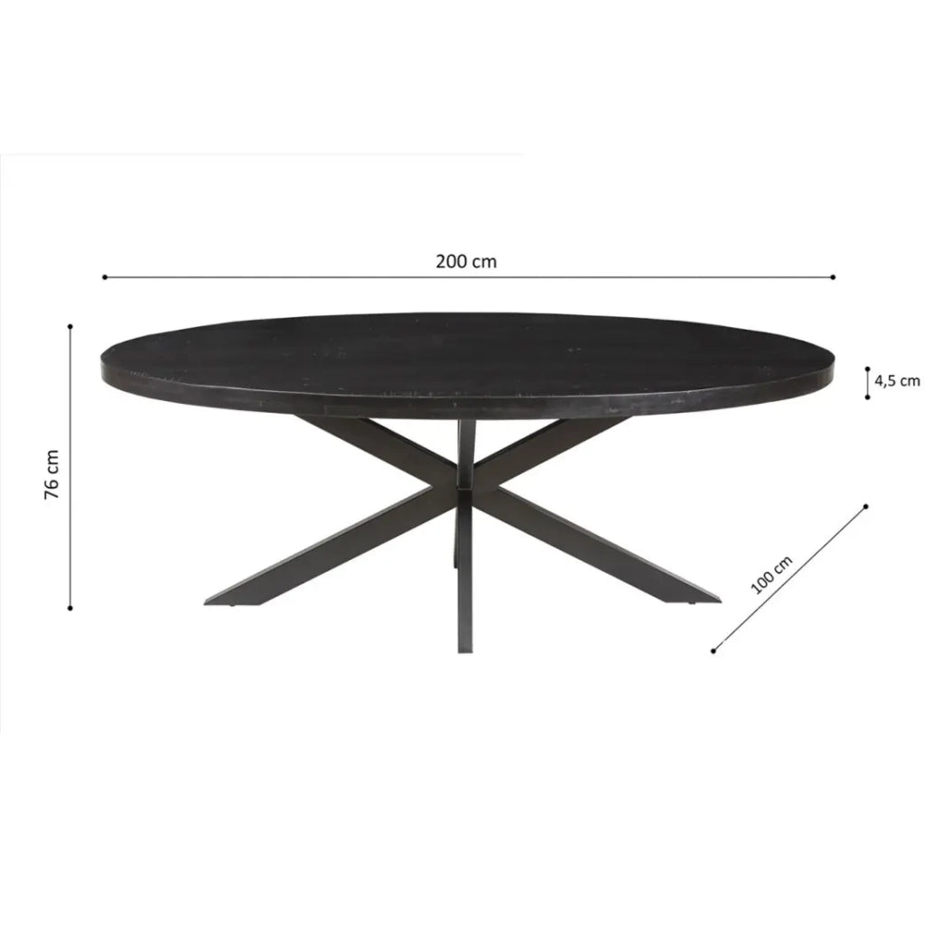 Tavolo da pranzo ovale BOURGIA in legno massiccio di Mangolia nero, ideale per una sala da pranzo accogliente.