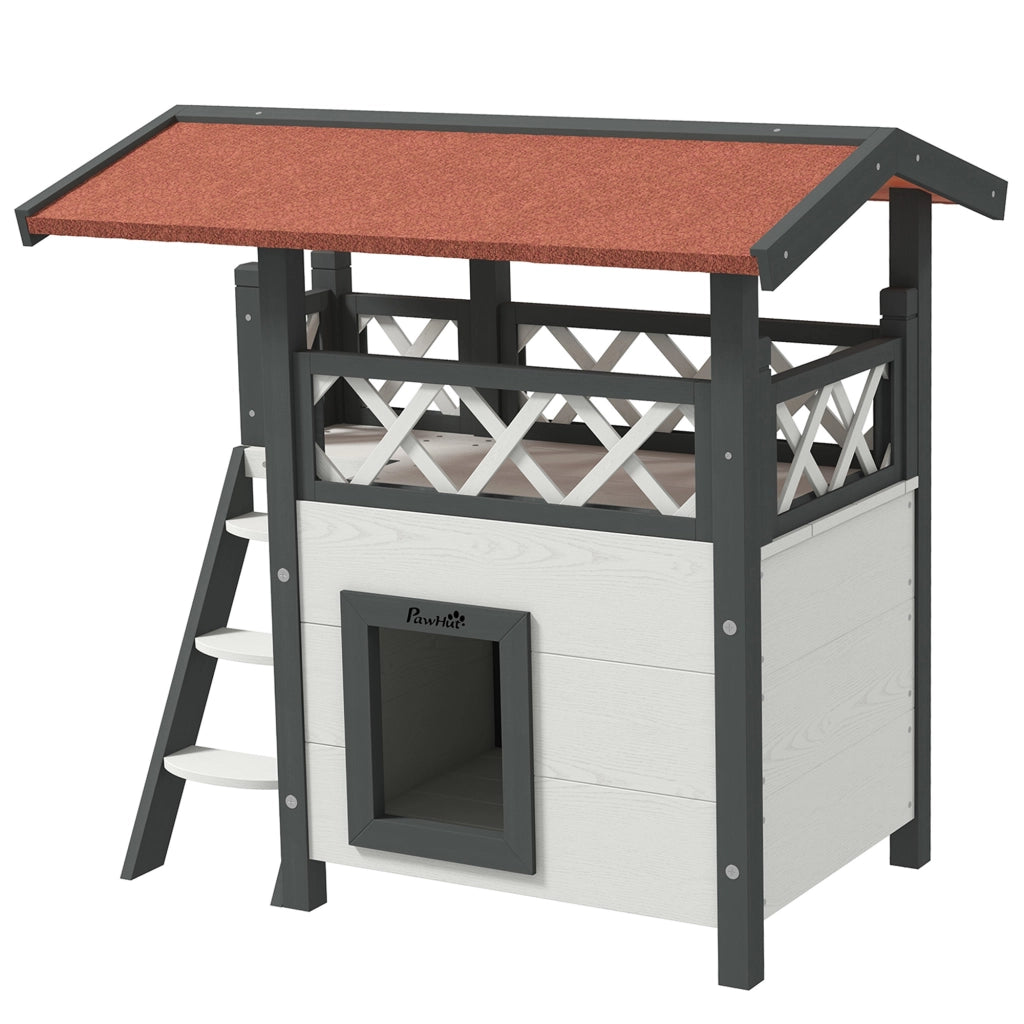 Casetta per Gatti da Esterno con Terrazza e Scaletta in Legno, 77x50x73cm, Bianco e Grigio