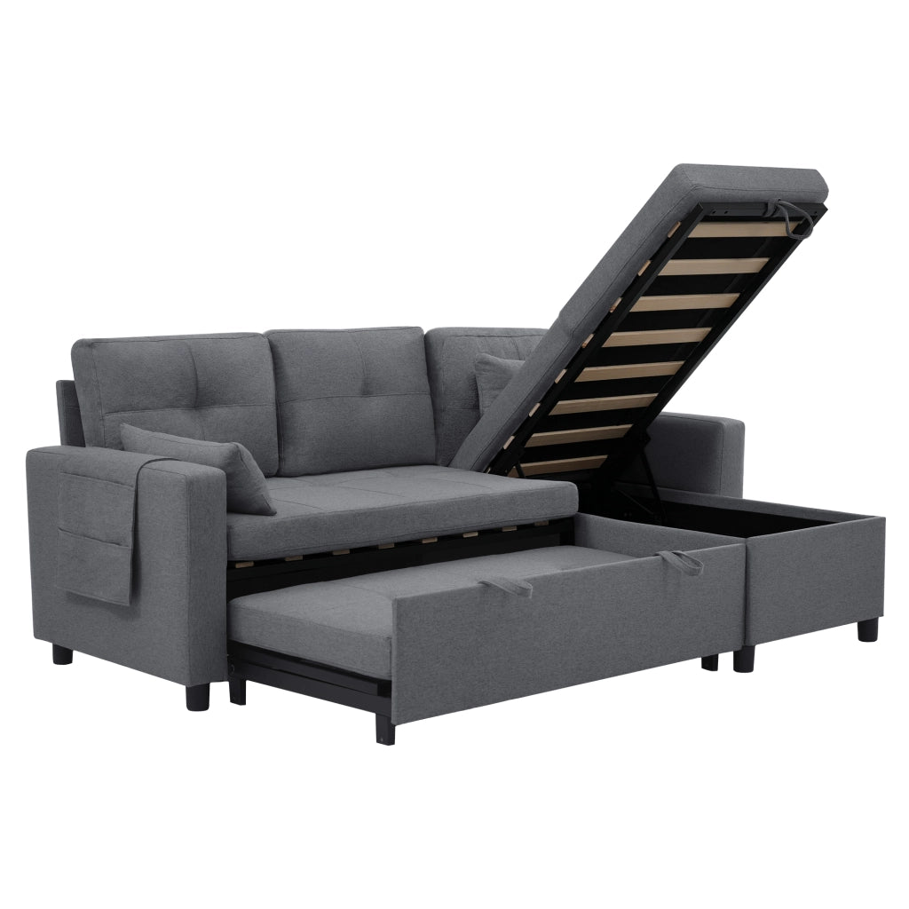 Divano angolare L modulare letto estraibile con vano contenitore e portabicchieri in lino grigio 211 × 136 × 87 cm