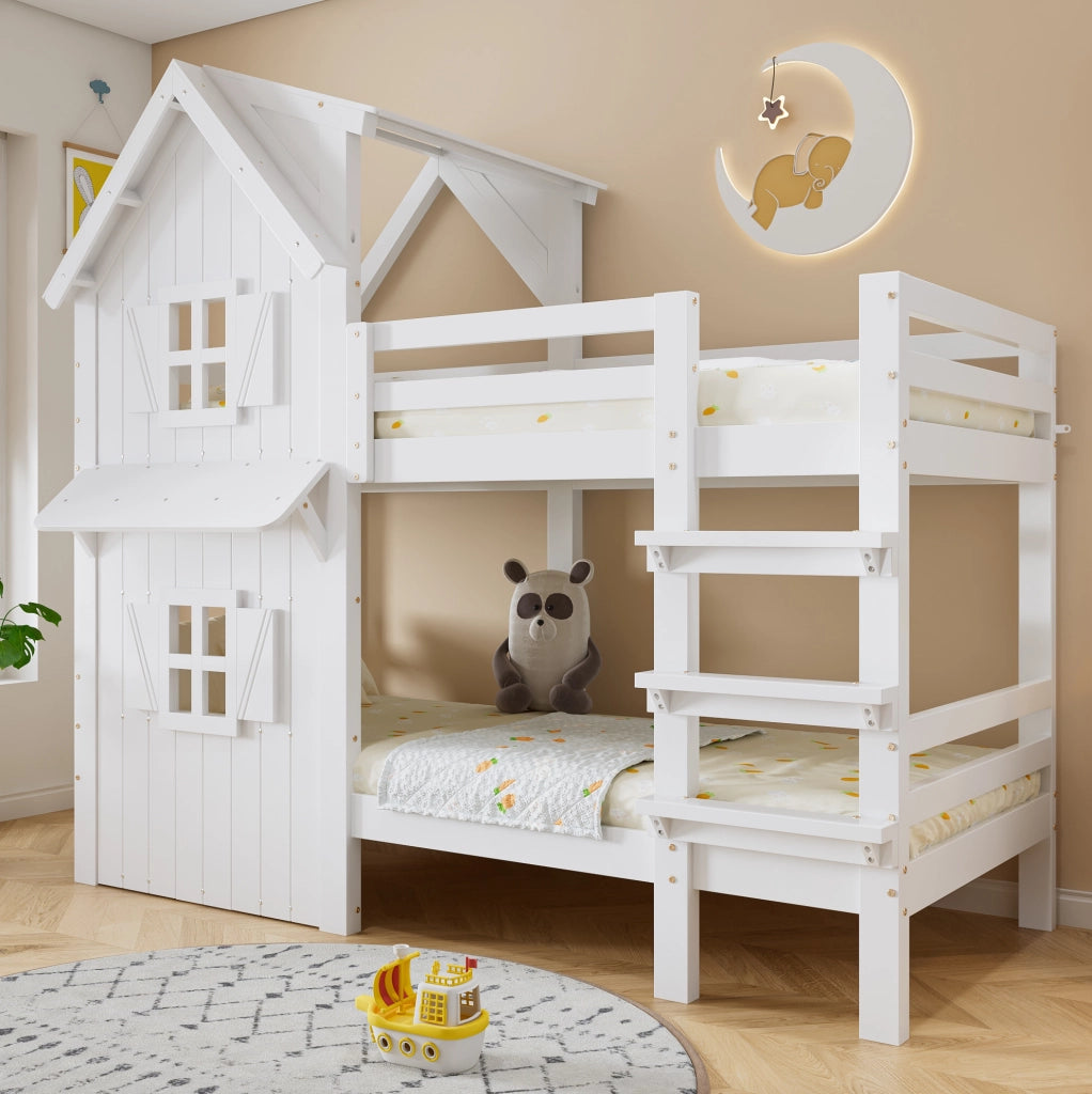 Letto a castello per bambini bianco 90x200 cm con finestre e tetto