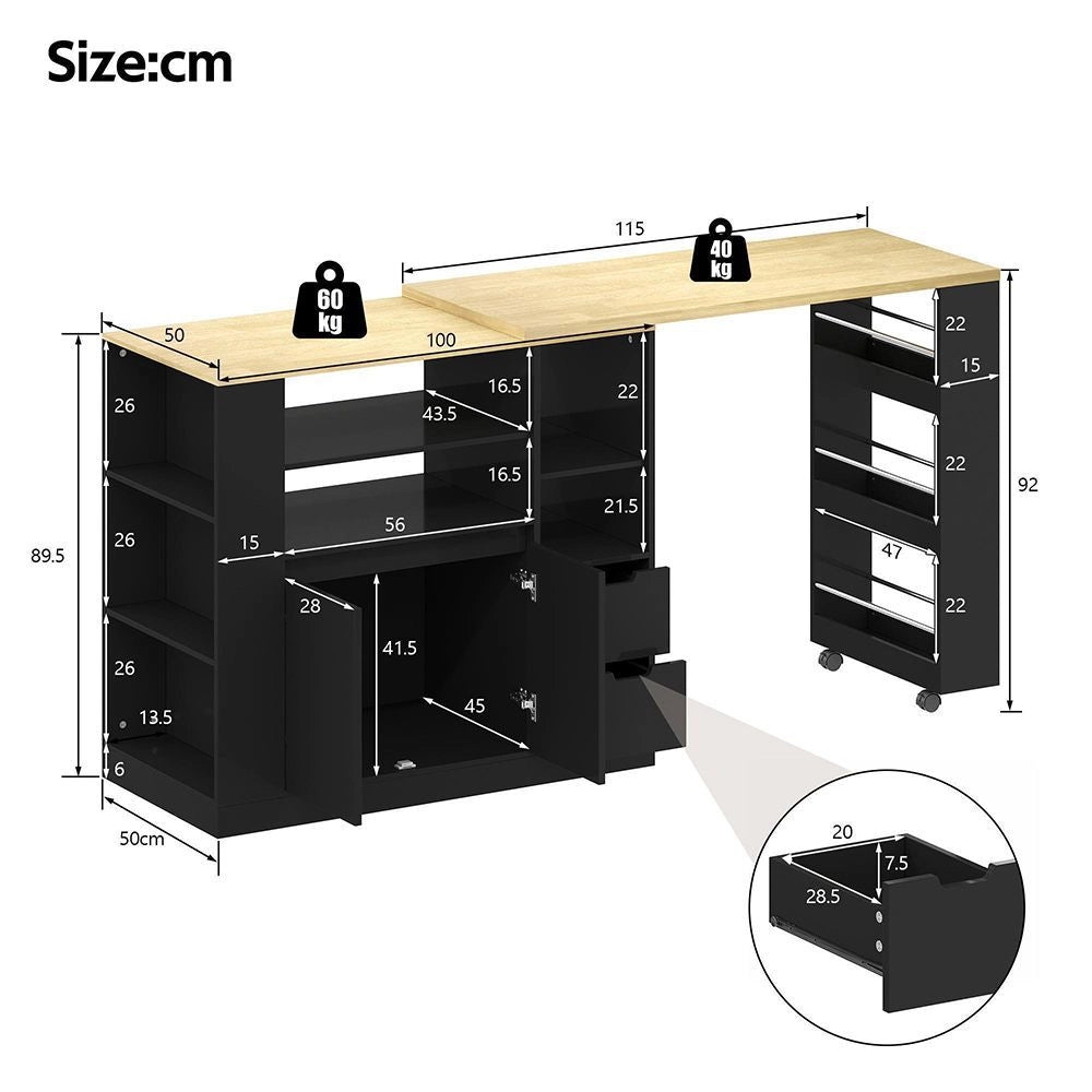 Isola cucina con piano scorrevole - Xylo - 115 cm - 3 lati ripiani, 2 cassetti, bar caff¨¨