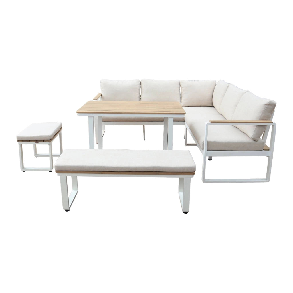 Salotto da giardino in legno di acacia e alluminio, 8 posti, bianco