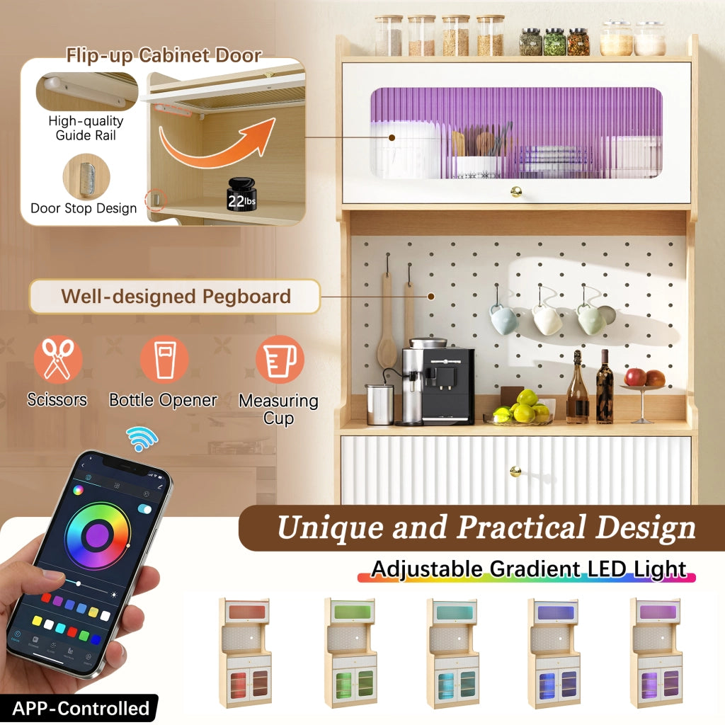 Credenza Alta con Cassetti, LED e Vetro Rigato ¨C MINIMAL ¨C Legno Naturale