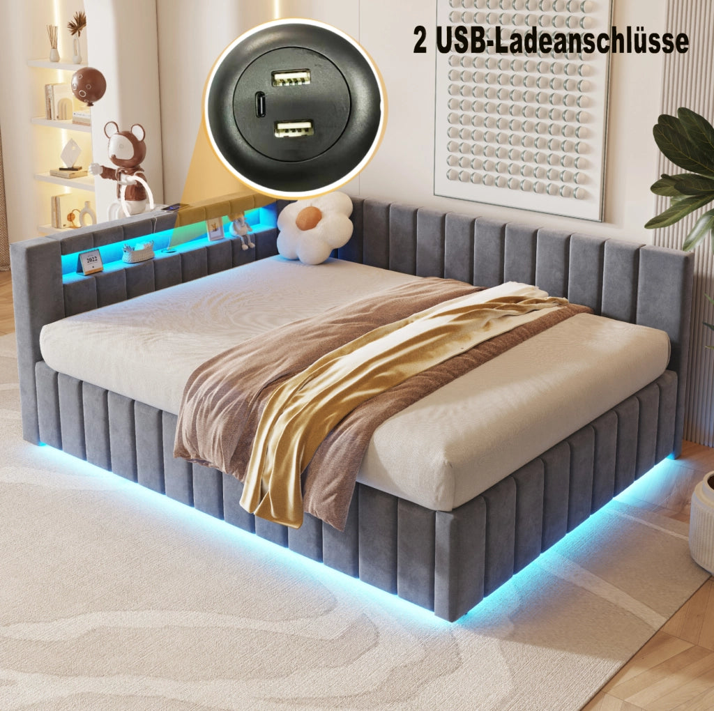 Letto matrimoniale imbottito 140x200 cm con contenitore idraulico; LED e USB; velluto grigio