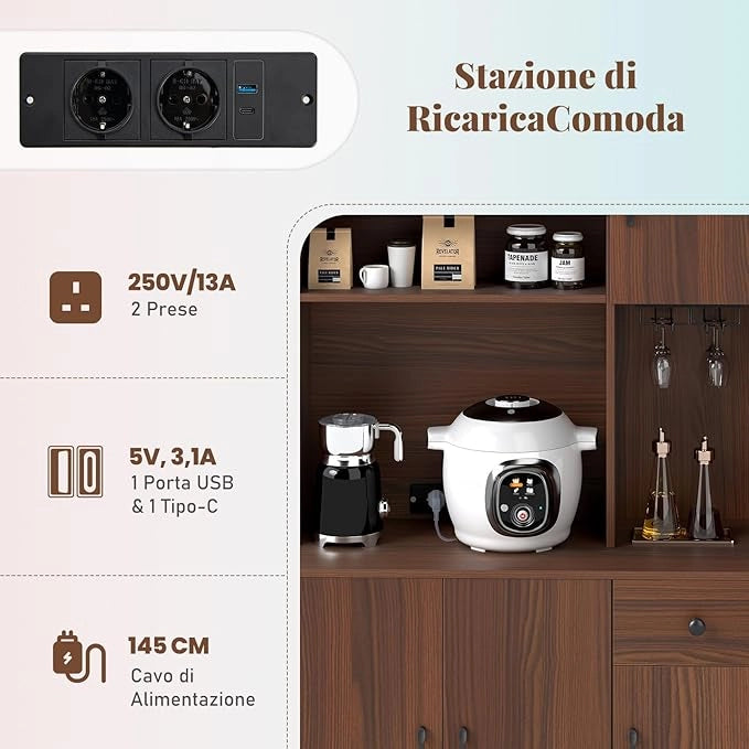 Credenza Alta da Cucina con 5 Ante e Cassetto, Armadio Dispensa da Cucina con Presa Elettrica, Mobile Cucina con Ripiani Regolabili per Sala da Pranzo e Soggiorno, 90 x 39 x 167 cm, Naturale