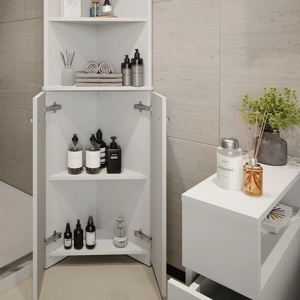 Armadio per il bagno Fynn, Bianco, 51.5 x 175 cm Armadio angolare a 2 ante, da parete per la conservazione di accessori da bagno