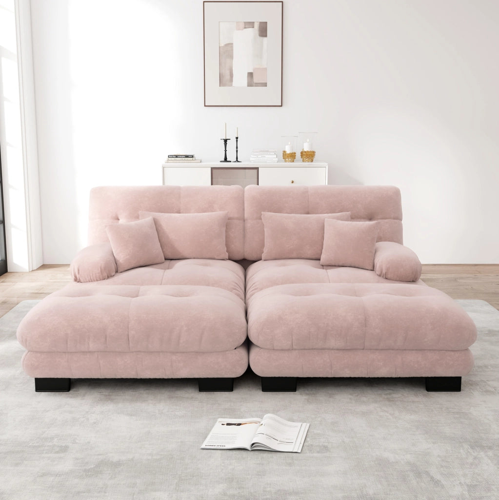 Divano modulare con ottomane in ciniglia rosa