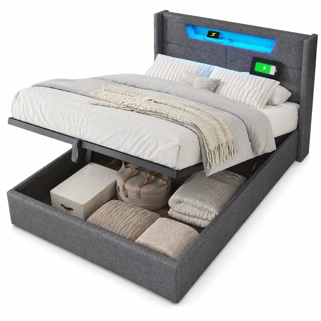 Letto matrimoniale 160x200 cm in tessuto effetto lino grigio con LED; USB e contenitore