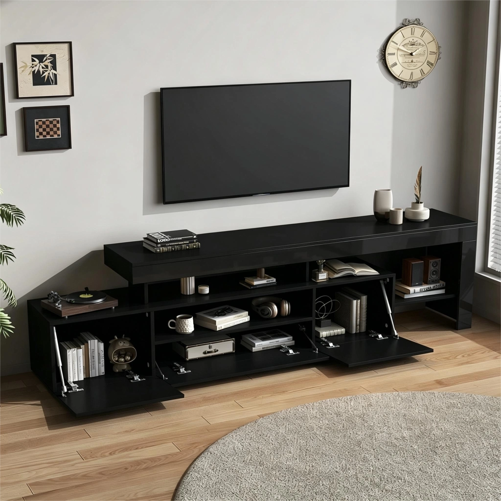 Mobile TV lucido nero 192x37x53 cm per TV fino a 85", con 3 ante, LED con controllo da app e ripiani aperti