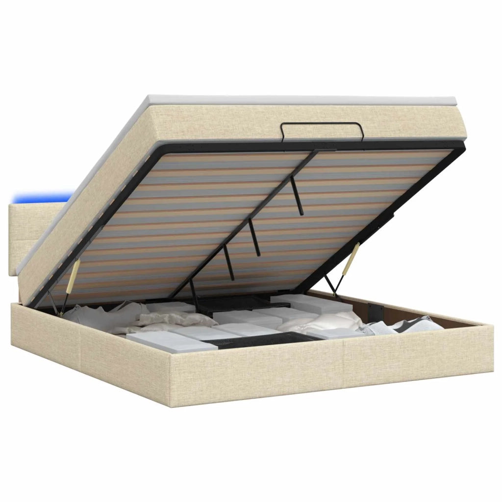 Letto Ottomano con Materasso e LED Crema 160 x 200 cm Tessuto 3456924