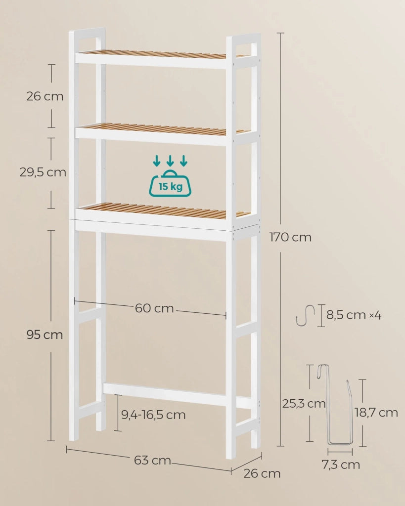 Mobiletto per WC con ripiano sopra il WC 3 ripiani in bambù organizer per bagno con ripiani regolabili portata 15 kg/ripiano facile da montare bianco 12_0006592