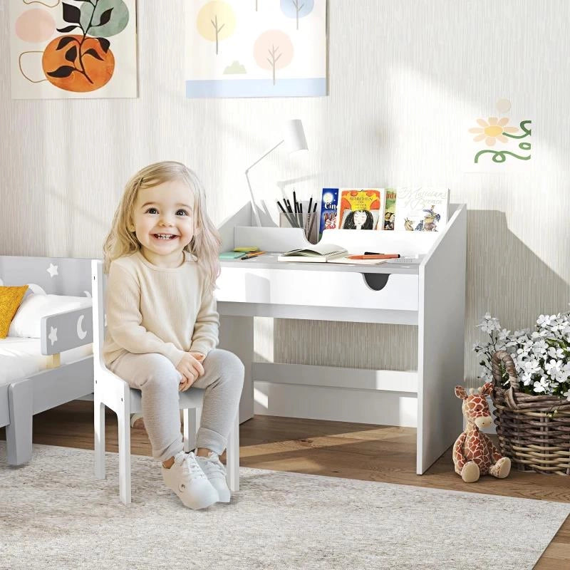 SET SEDIA E TAVOLINO PER BAMBINI 3-6 ANNI CON ORGANIZZATORE E CASSETTO ESTRAIBILE, IN LEGNO GRIGIO