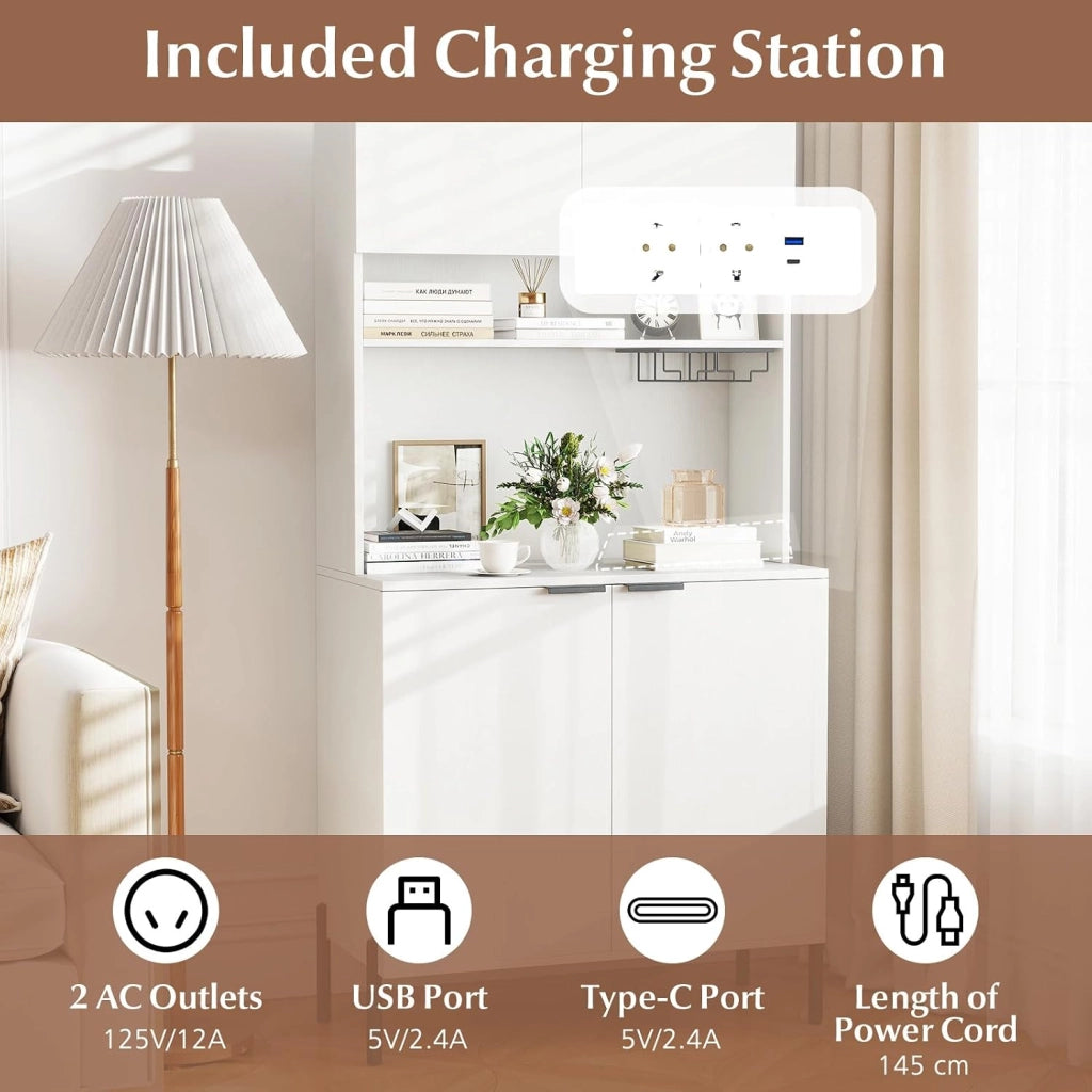 Mobile Buffet con Stazione di Ricarica, Portabicchieri, Vetrina, Credenza Cucina con Ripiani Regolabili, Mobiletto Multiuso per Sala da Pranzo, Soggiorno, 80x40x164cm(In 2 Pacchi) (Bianco)