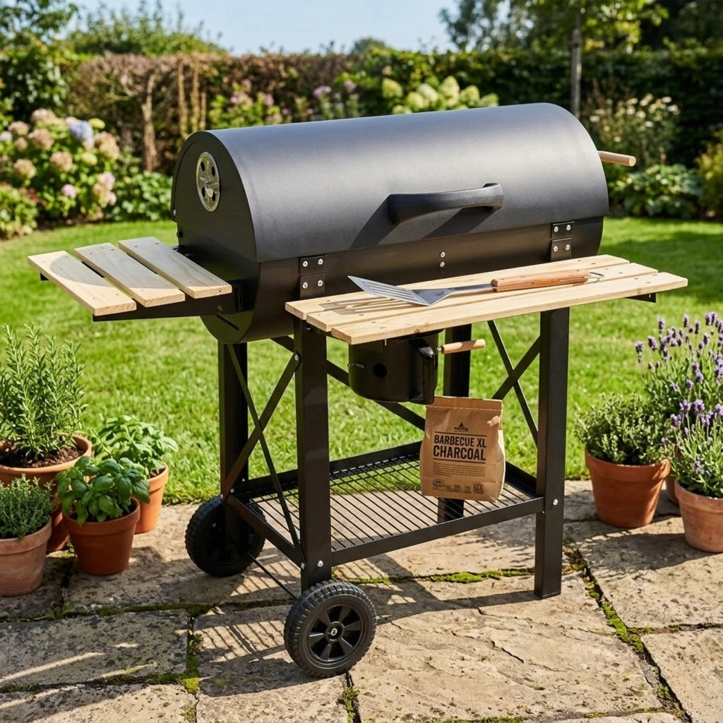 Barbecue A Carbone Con Coperchio E Ripiani Laterali BBQ Grill Da Giardino Con Griglia Rialzata Scaldavivande Struttura In Acciaio Ruote E Cassetto Raccogli Cenere 110 x 70.5 x 101.5 Cm Nero