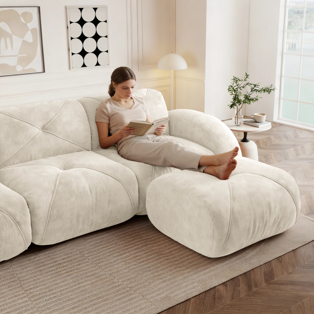 Divano Modulare 3 Posti a U con 2 Sgabelli ¨C MINIMAL ¨C Tessuto Bianco, Senza Montaggio