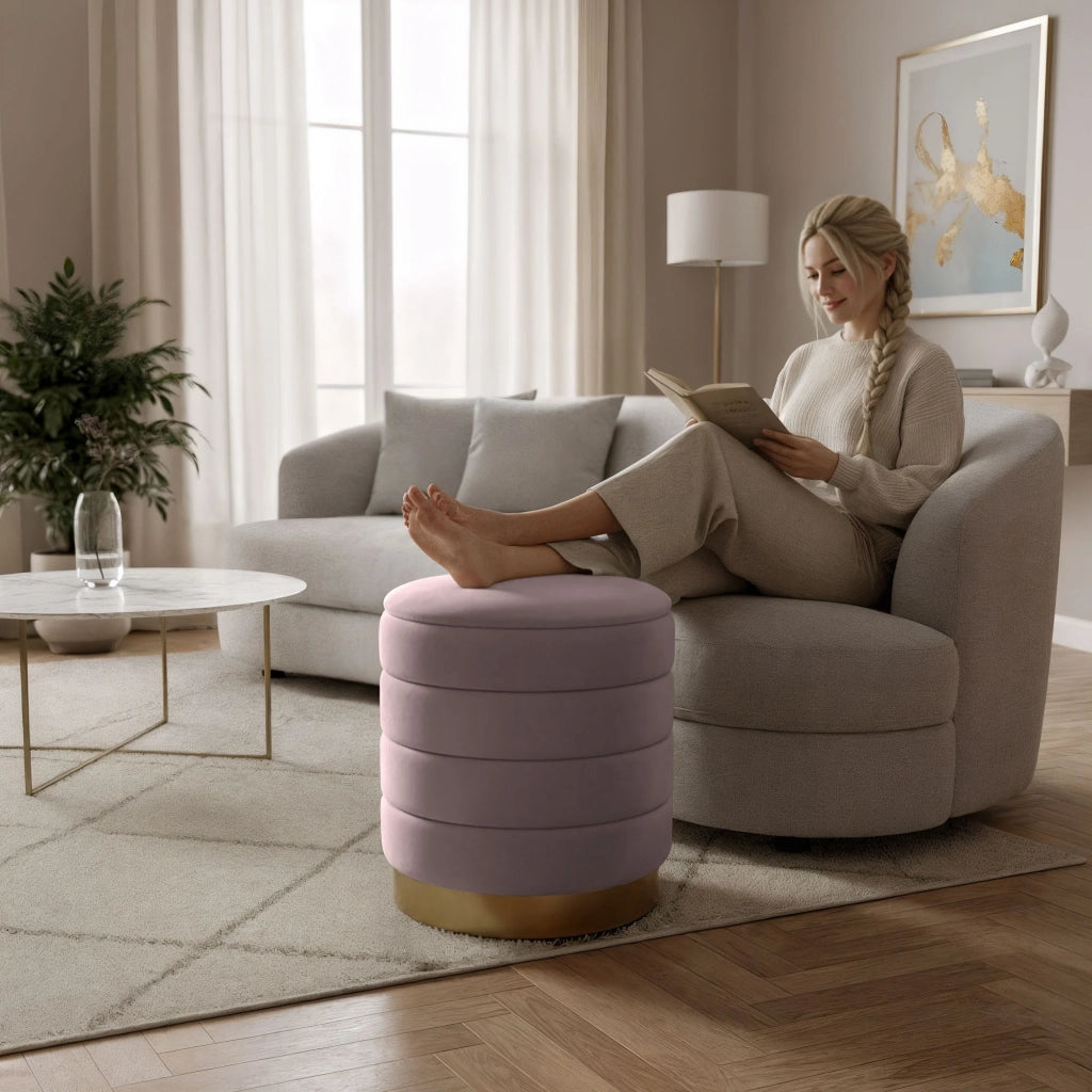Pouf contenitore cilindrico in velluto 40 cm LUNA Rosa Polvere