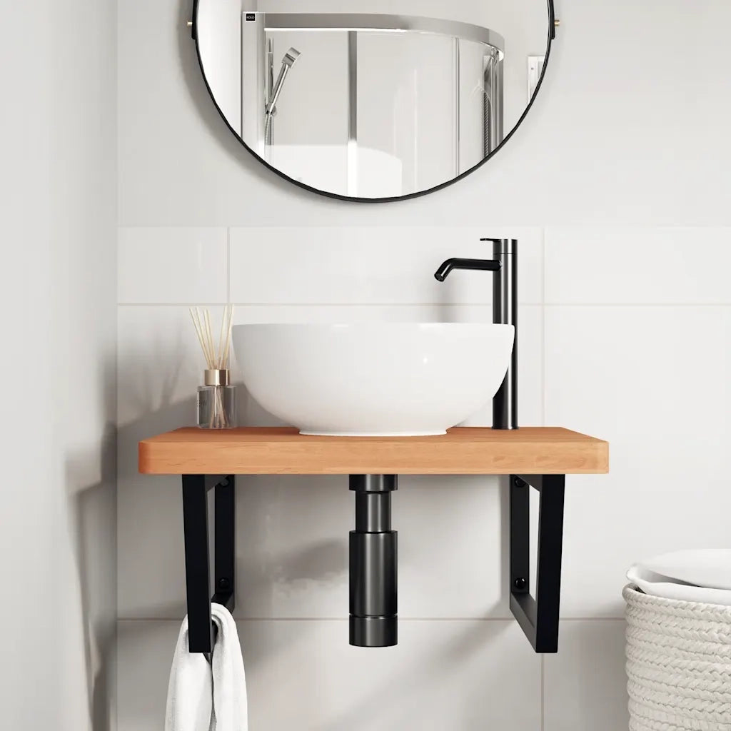 Ripiano a Parete per Lavabo in Acciaio e Massello di Faggio