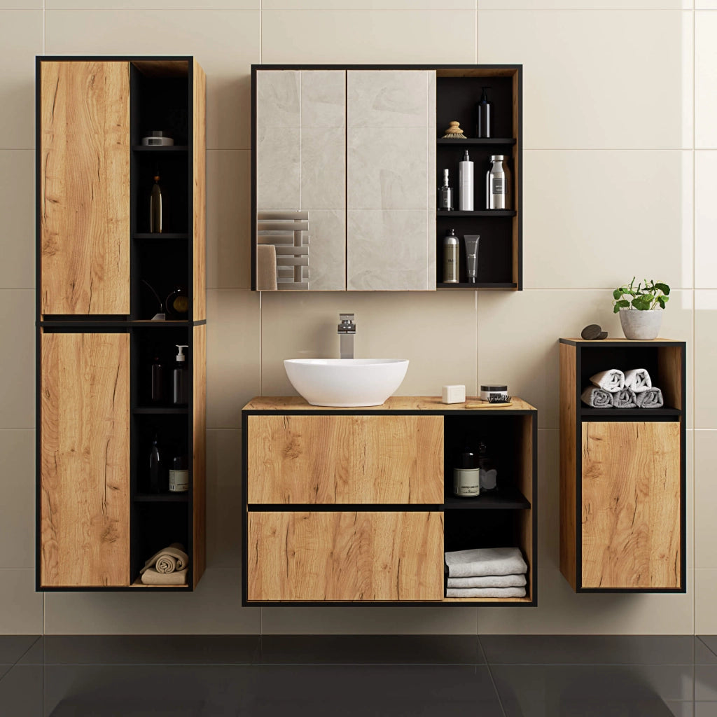 Pensile bagno con specchio VAMI Rovere Craft, Nero 90 cm 2 ante 90x15x75 cm