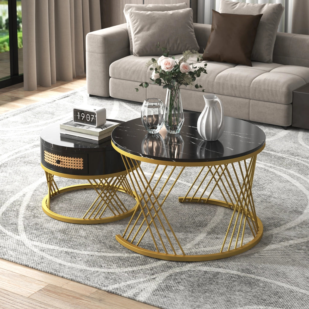 Tavolini da Caffè Impilabili Rotondi con 1 Cassetto; Piano Effetto Marmo; Stile Lusso Leggero; in MDF; Nero; 70×70×45;5 cm