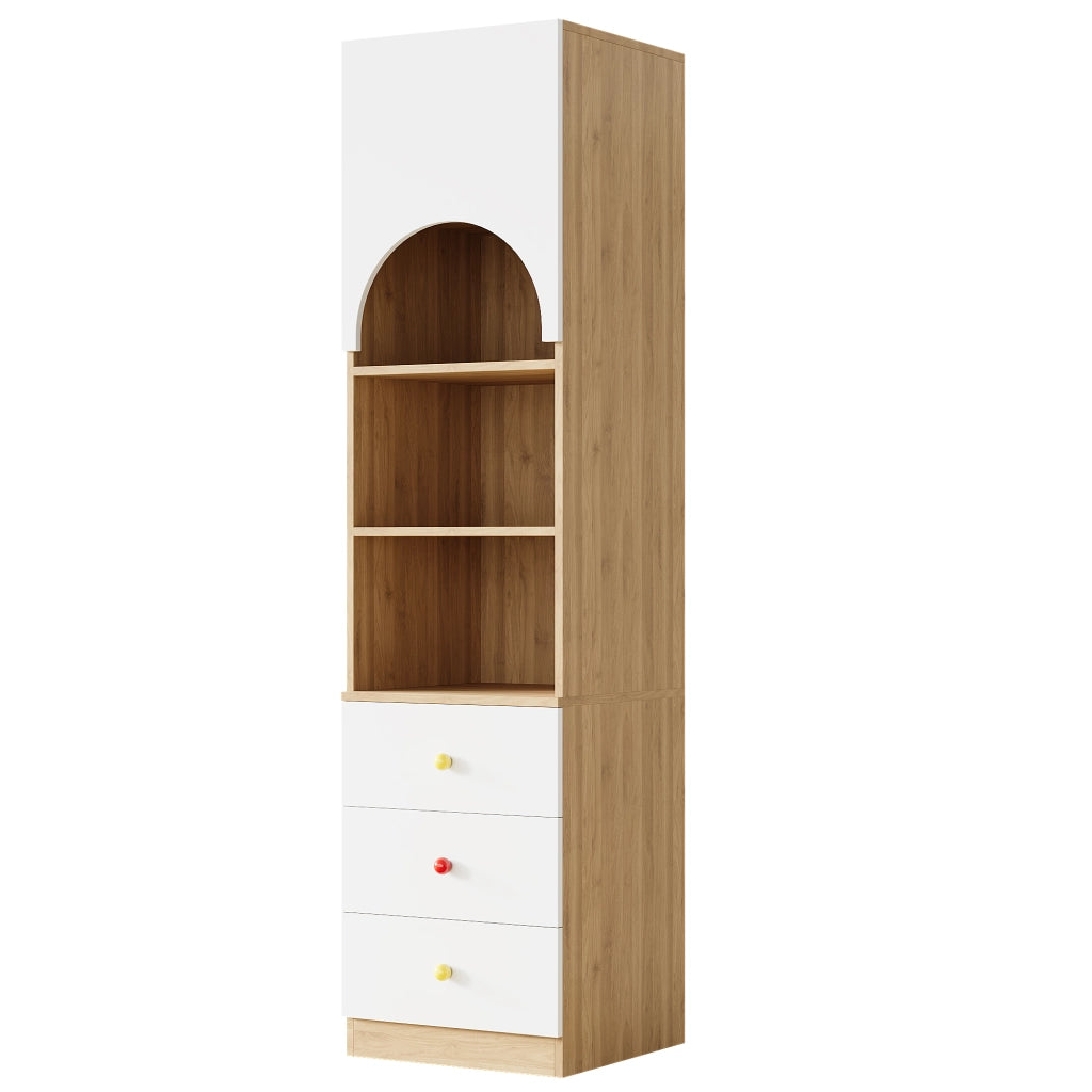 Libreria, vetrina, 3 cassetti, ripiani portaoggetti, maniglie in ceramica, finitura effetto legno, bianco