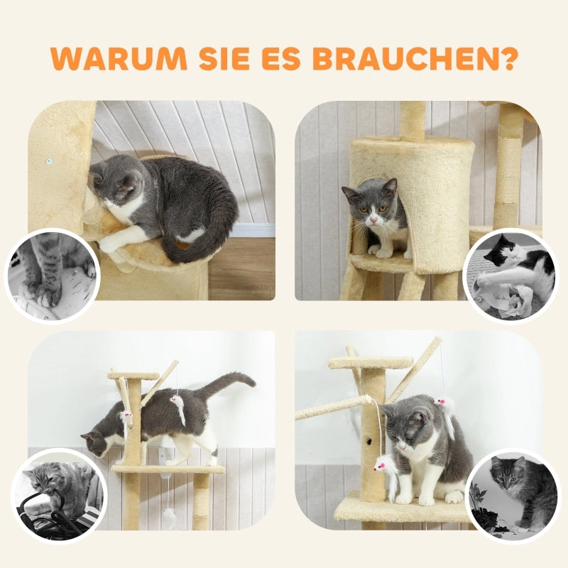 Tiragraffi con cuccia, 4 giochi, pali in sisal, ampia piattaforma, scaletta, per gatti sotto i 5 kg, beige