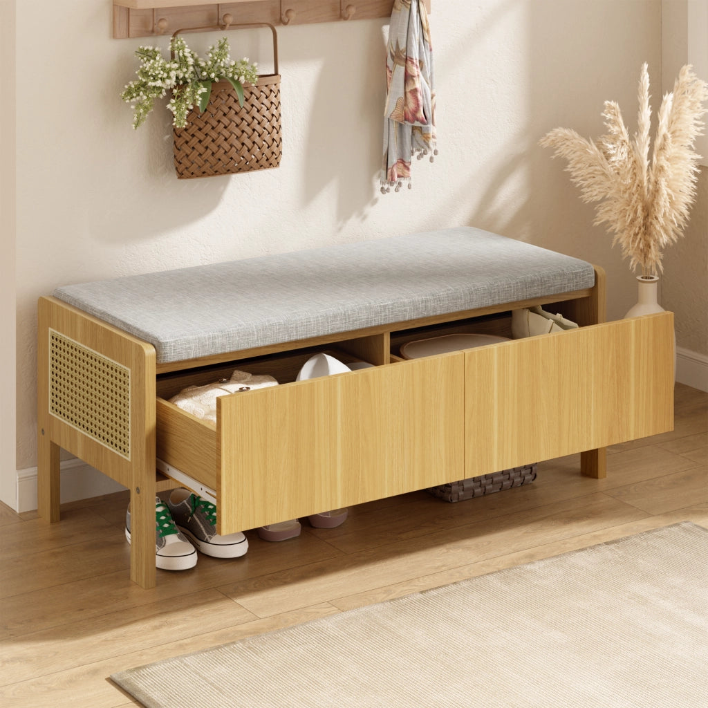 Panca contenitore con 2 cassetti e lati in rattan - in bamboo e MDF - naturale e grigio