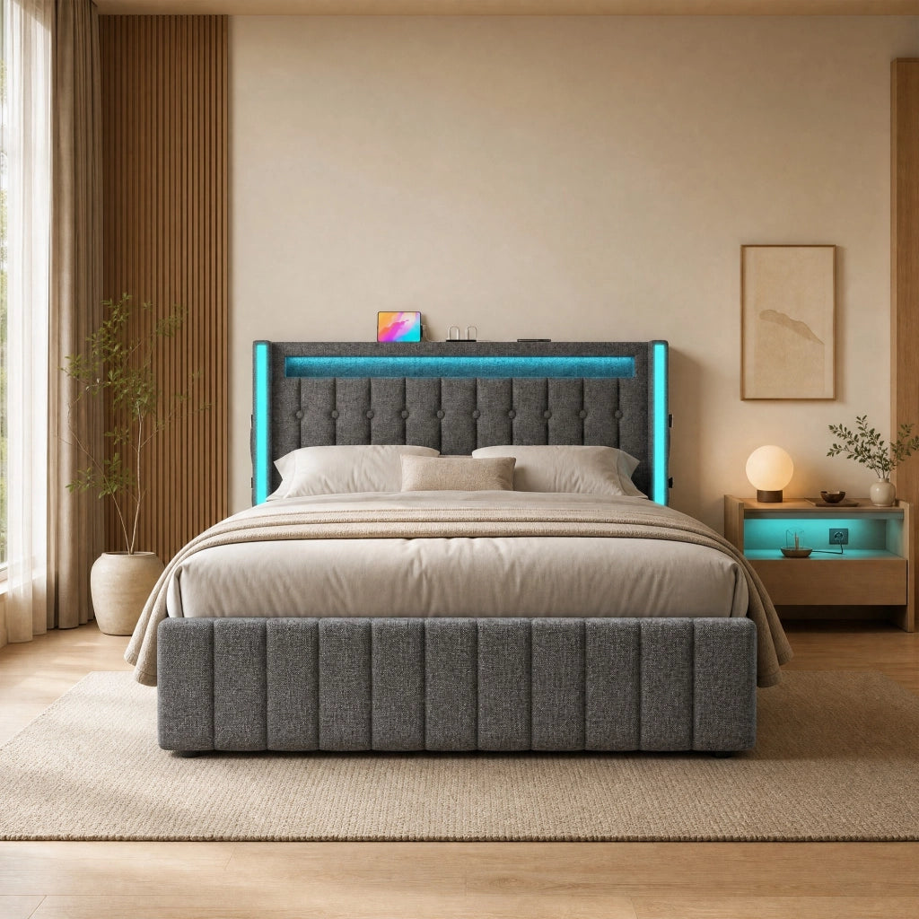 Letto matrimoniale 160x200 cm in tessuto grigio con LED; USB e 4 cassetti